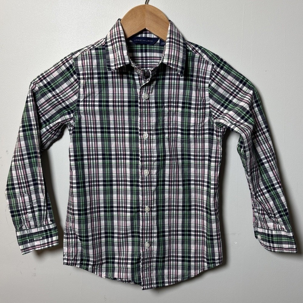 Janie and Jack Boys Plaid Button Down Shirt Pink Green‎ Long Sleeve Size 5